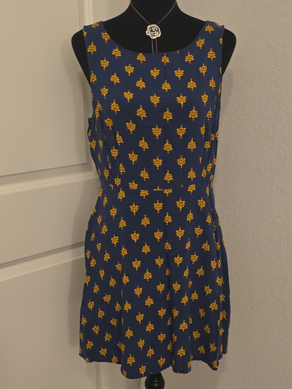 BONGO Blue Sleeveless Mini Dress with Yellow Floral Motifs